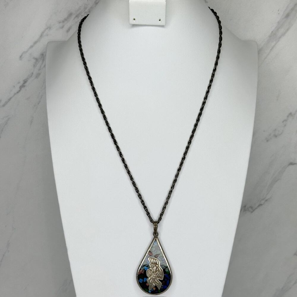 Vintage 925 Sterling Silver Reversible Aztec Calendar Stone Chip Necklace ✨